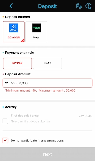 Step 2: select the GCashQR deposit method and select a payment channel you want to use.
