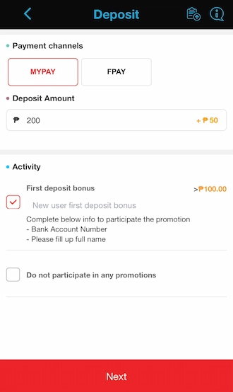 Step 3: Fill in the deposit amount and select a promotional activity (if any). 
