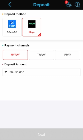 Step 1: select the Maya deposit method and choose a payment channel you want to use.