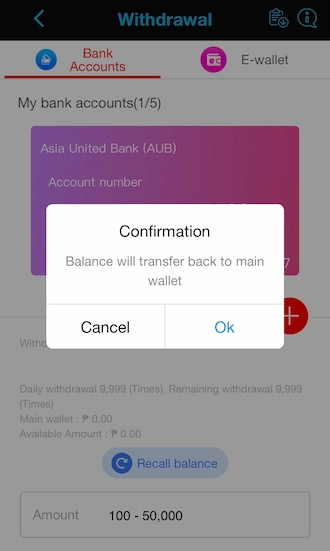 Step 2: The system notifies that the balance will transfer to the main wallet. 